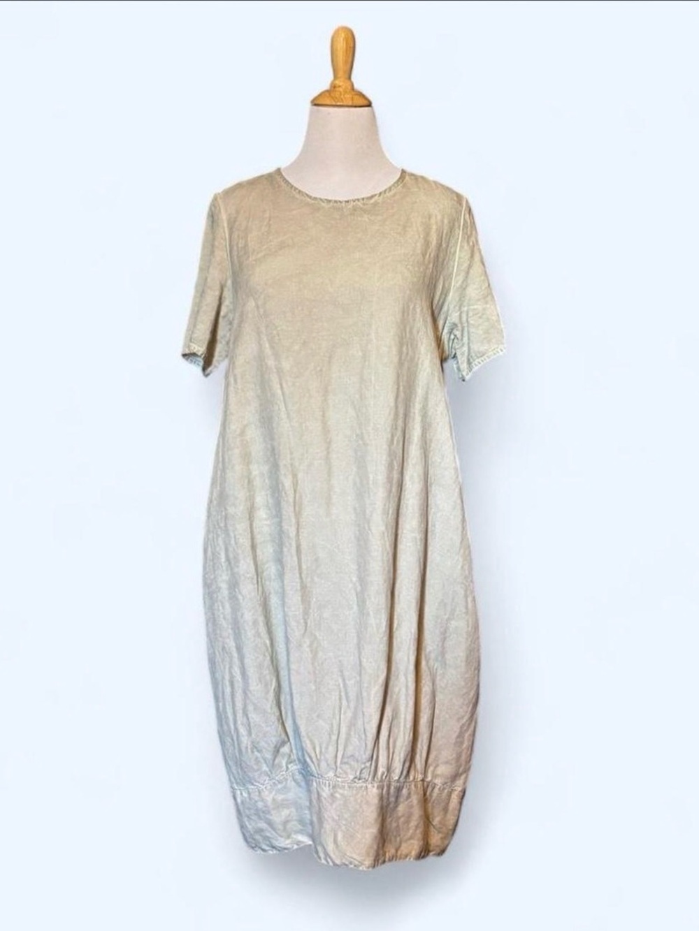 GRIZAS Silk Linen Balloon Dress L Beige Taupe Short Sleeve Pockets Crinkle Midi